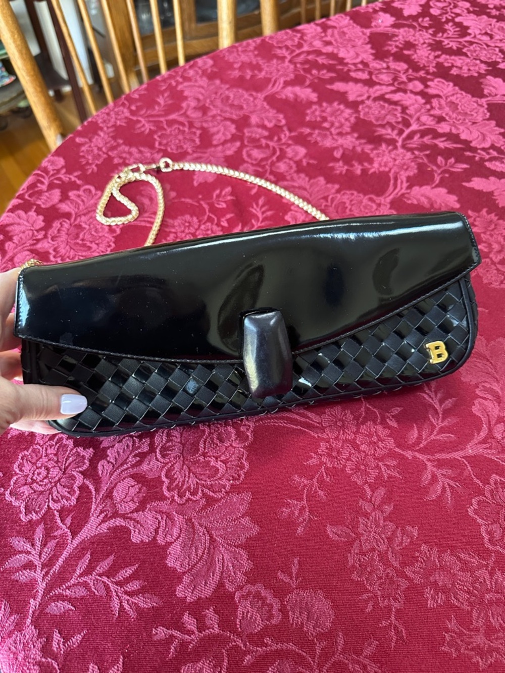 Bally Black Patent & Leather Woven Long Clutch w/ Unbranded Chain - Picture 2 of 10